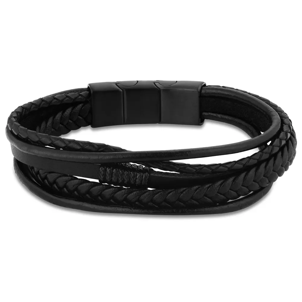 Pulseira Life em Couro X Preto com Aço — imagem 1