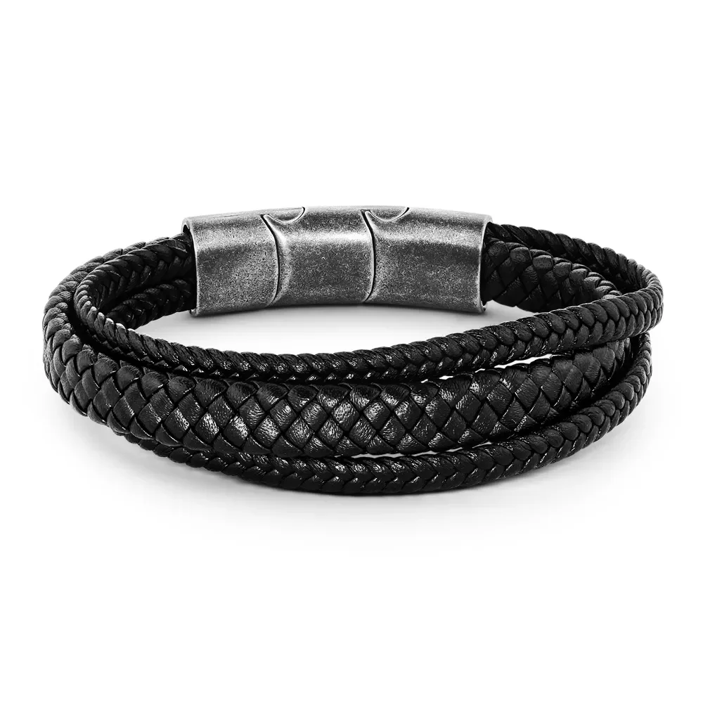 Pulseira Life Trançada IV em Couro Preto com Aço — imagem 1