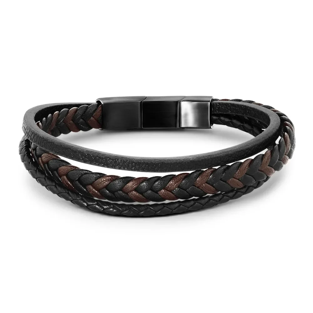 Pulseira Life em Couro II Marrom e Preto com Aço — imagem 1