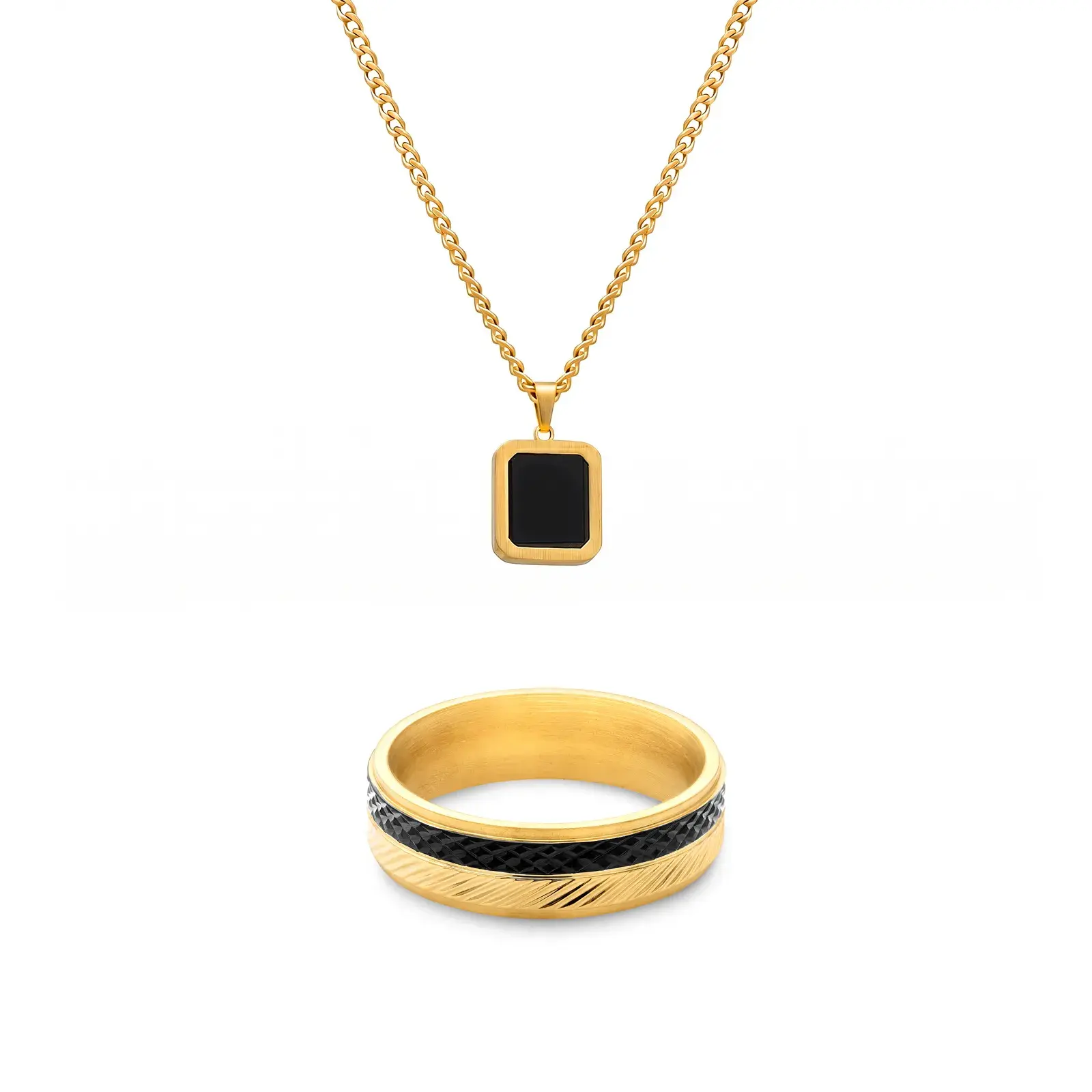 Kit Life Masculino Anel + Colar em Aço Dourado com Ágata Preta