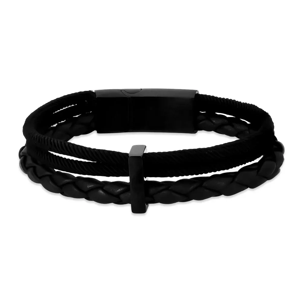 Pulseira Life Trançada em Couro Preto — imagem 1