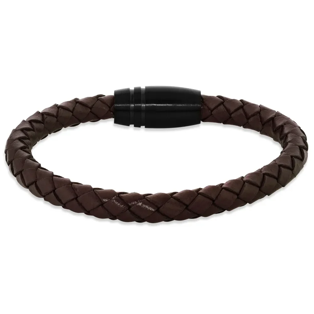 Pulseira Life Trançada em Couro Marrom com Aço — imagem 1