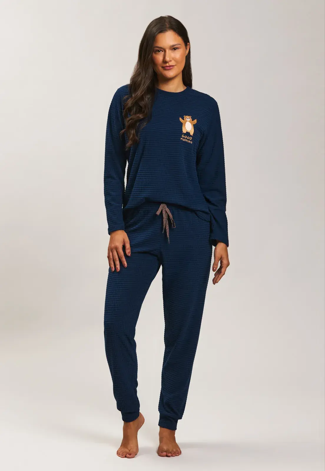 Pijama Blusa Longa Com Calça Soft Grid Baunilha