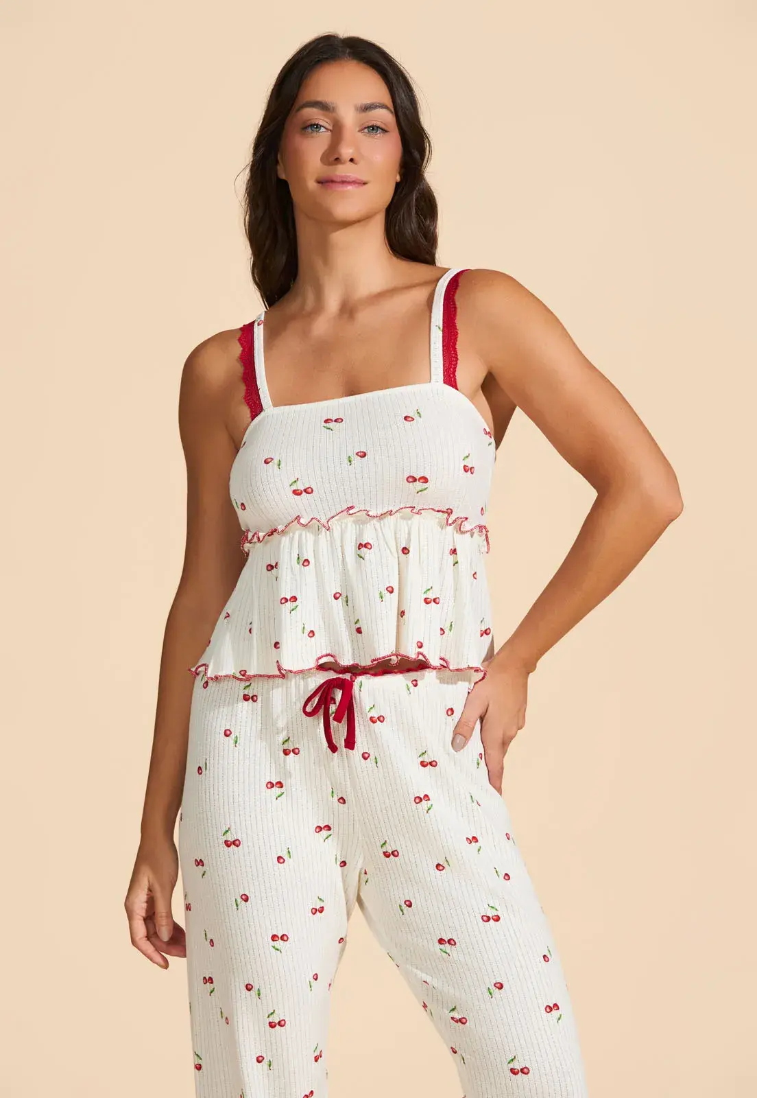 Pijama de alça com calça Malha Canelada Baunilha