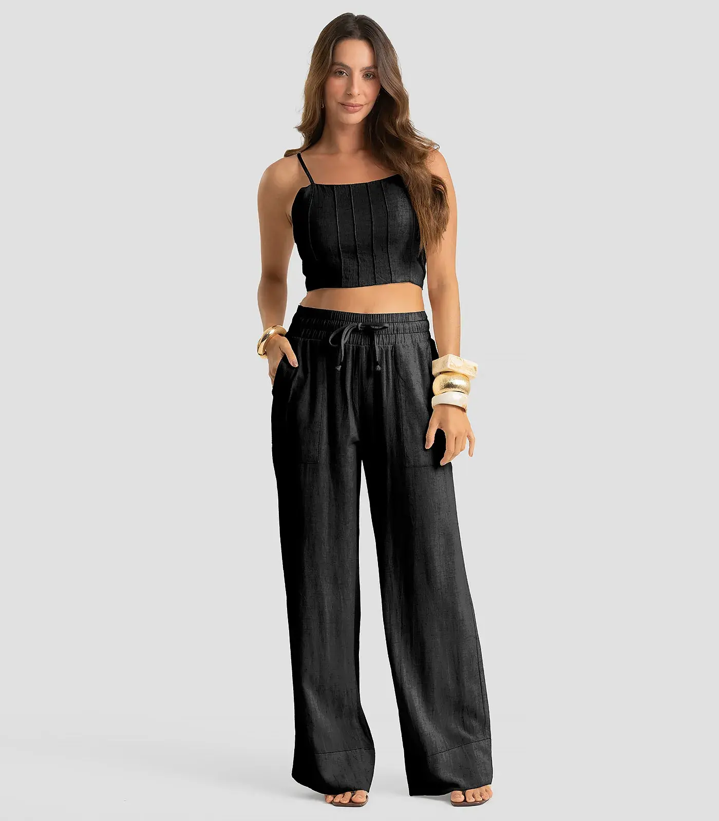 Calça Pantalona Feminina Em Linho Strong Dianna Preto