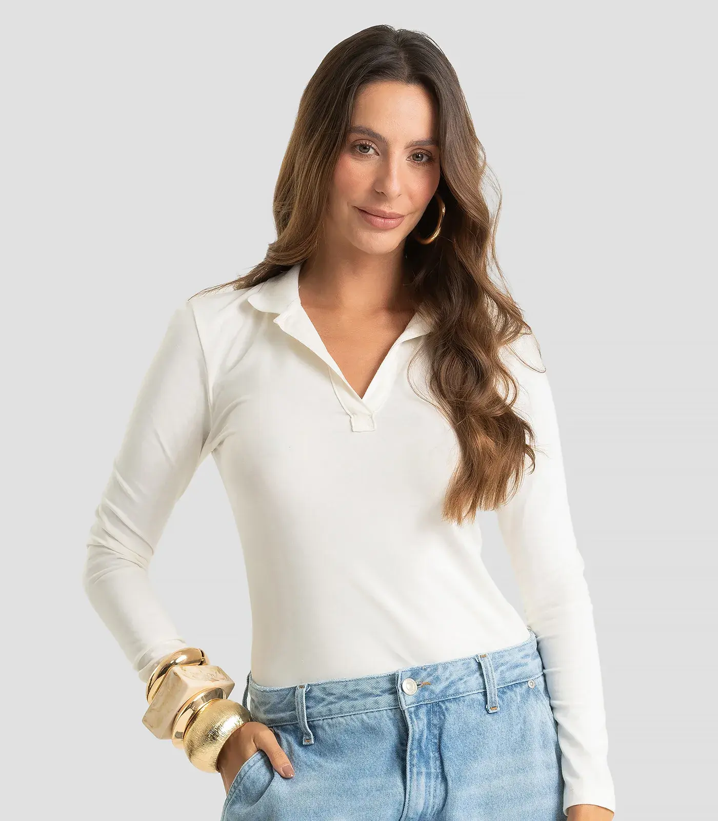 Polo Manga Longa Feminina Cotton Leve Dianna Bege