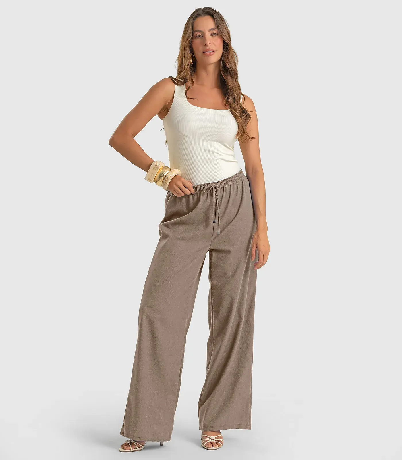 Calça Feminina Shape Pantalona Em Linho Dianna Marrom