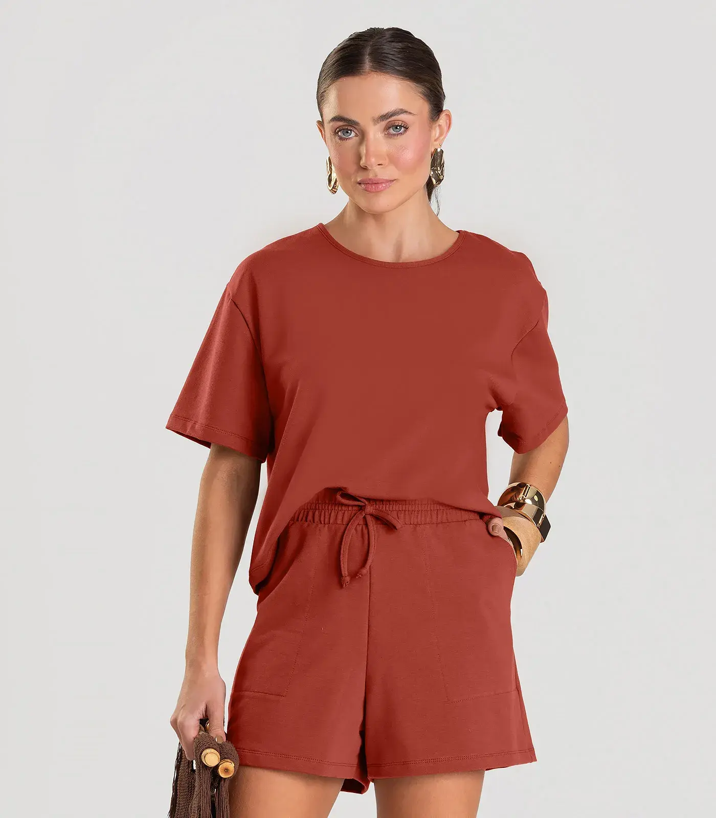 Conjunto Feminino Blusa Com Shorts Dianna Laranja