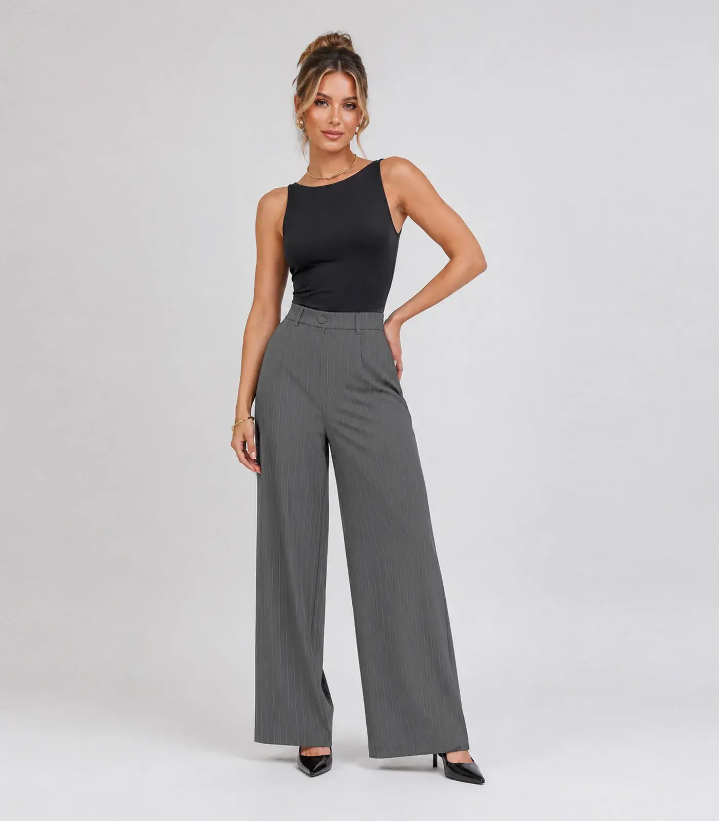 Calça Feminina Risca De Giz Alfaiataria Style Box Cinza