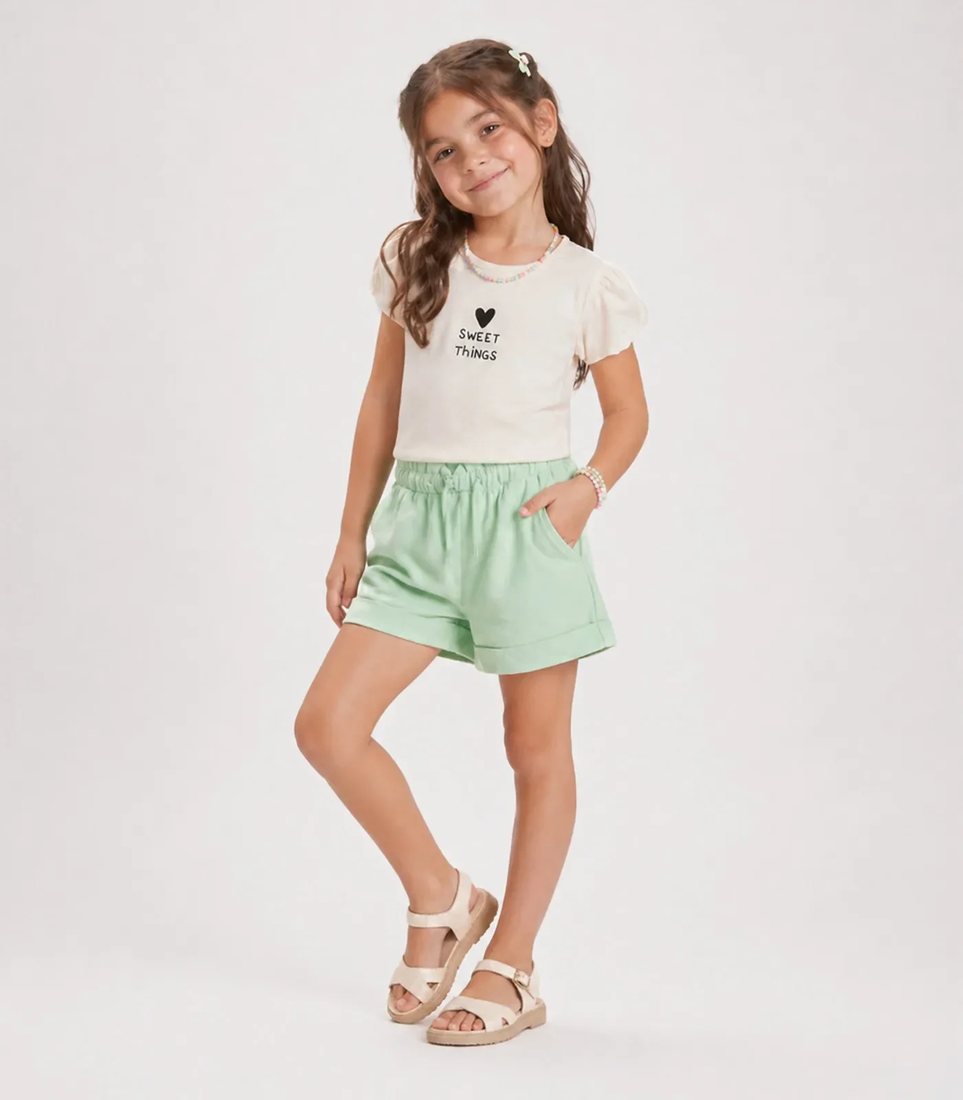 Conjunto Menina Verão Blusa Com Shorts Select Bege — imagem 1