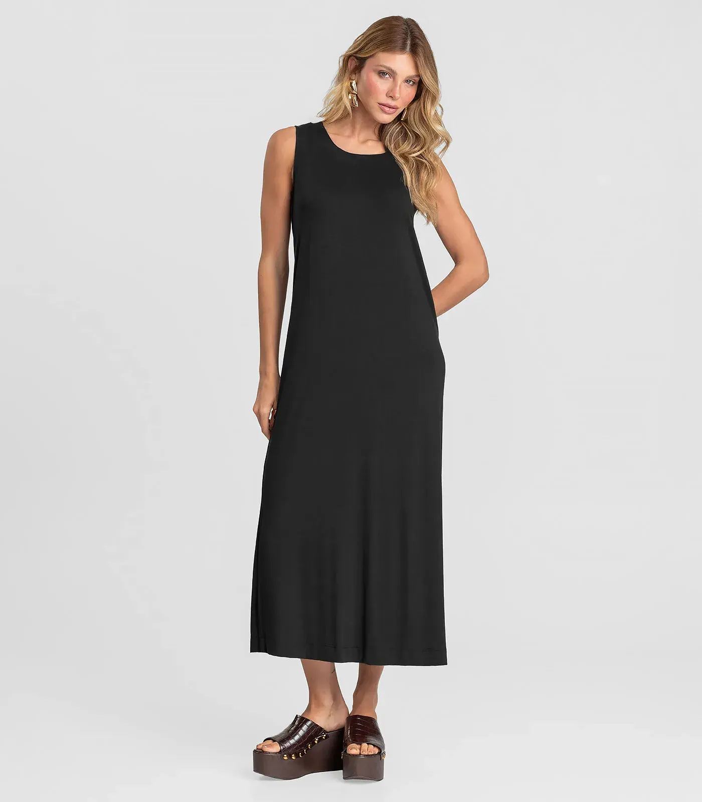 Vestido Midi Feminino em Malha Visco Dianna Preto