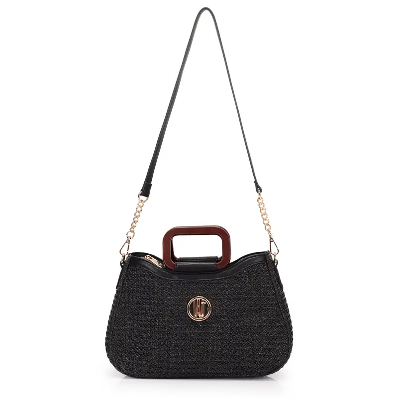 Bolsa Satchel Grande Palha Estruturada Com Alça De Madeira