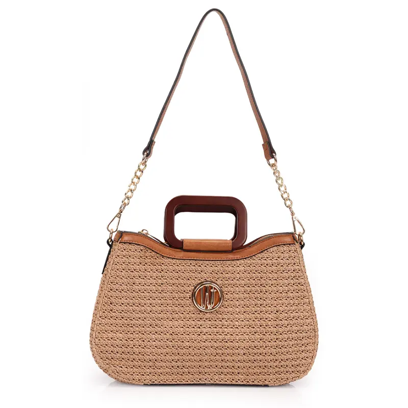 Bolsa Satchel Grande Palha Estruturada Com Alça De Madeira