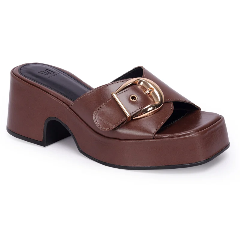 Tamanco Medio Plataforma Couro Fivela 7cm
