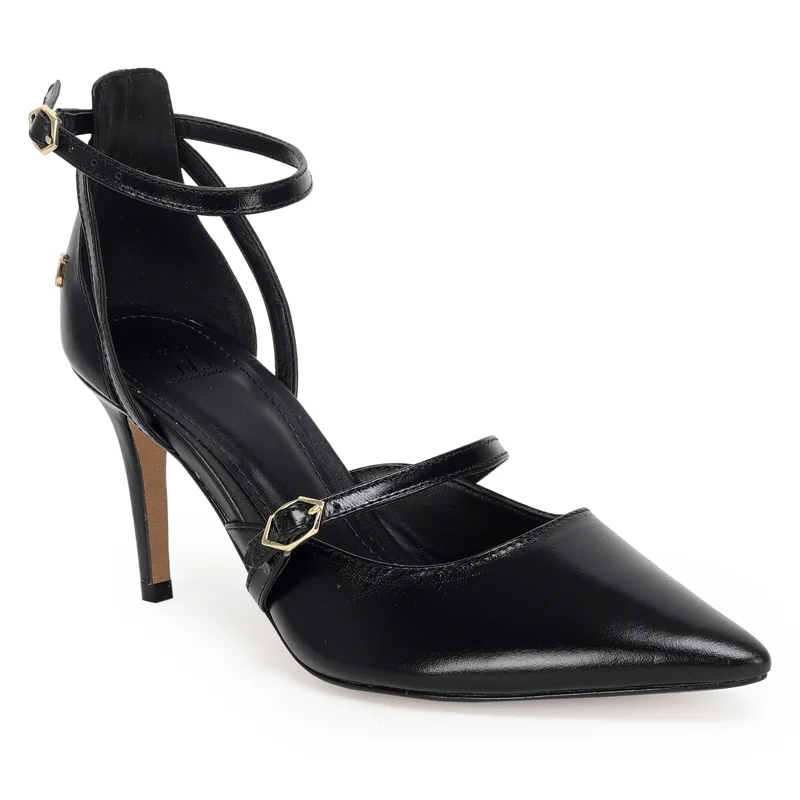 Scarpin Couro Tiras Com Fivelas E Tornozeleira 8cm