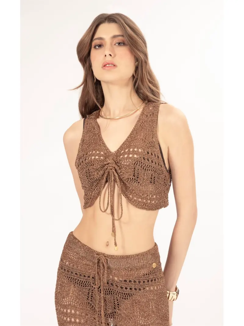 Top Tricot Lurex Rendado Caramelo