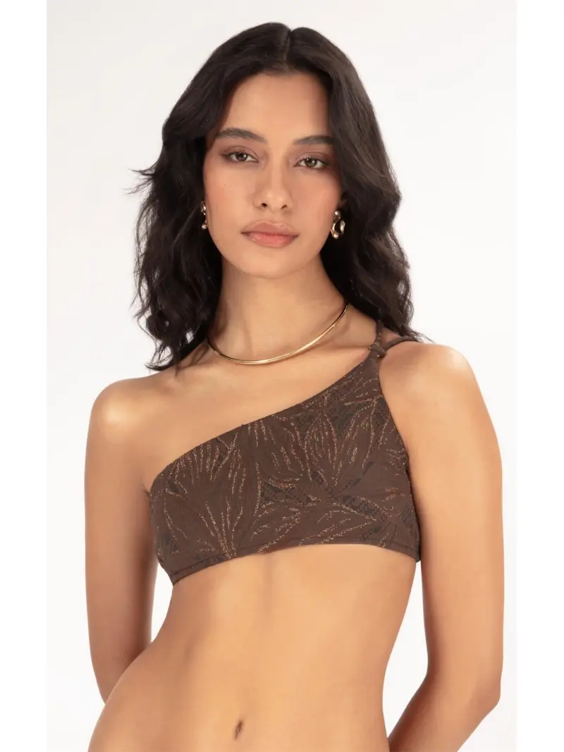 Top Um Ombro Só Jacquard Foliage Cafe