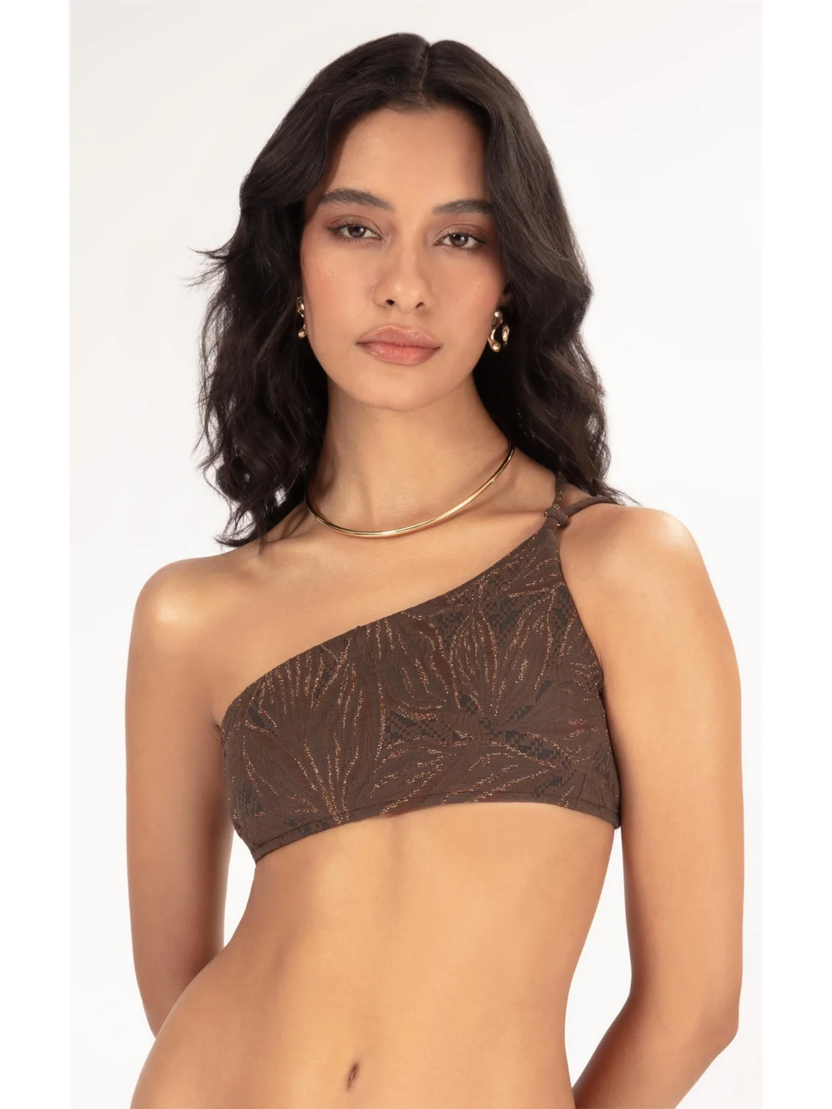 Top Um Ombro Só Jacquard Foliage Cafe — imagem 1