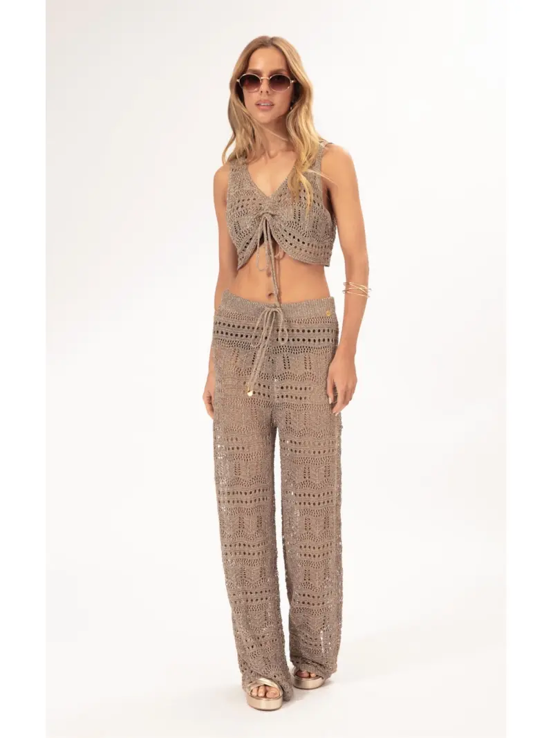 Calça Tricot Lurex Rendado Ouro