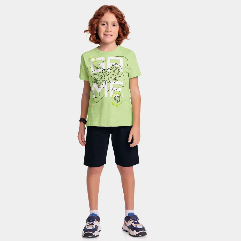 Conjunto camiseta game e bermuda em moletinho