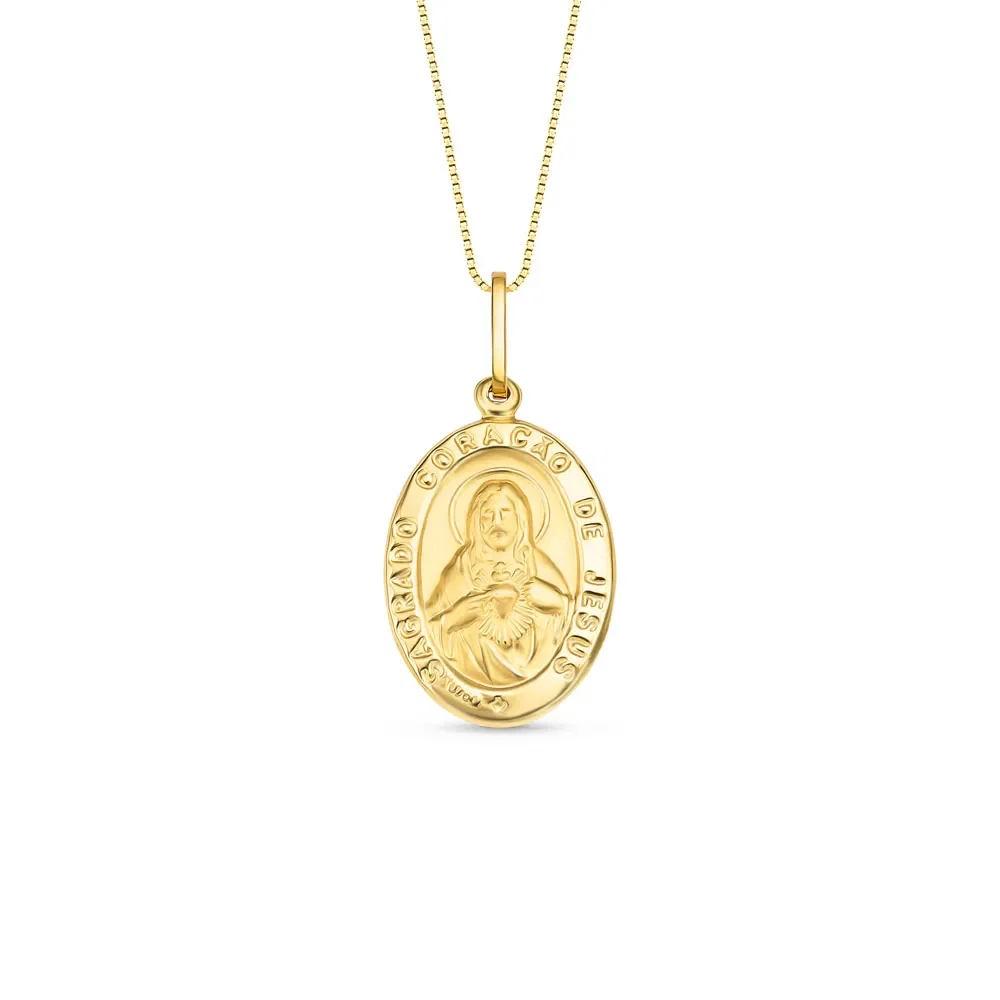 Pingente Medalha Sagrado Coração de Jesus em Ouro Amarelo 18k, 27mm — imagem 1