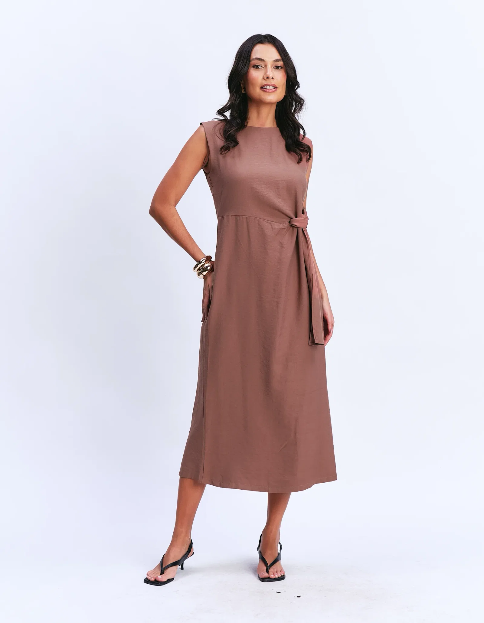 Vestido Midi Com Amarração - Marrom