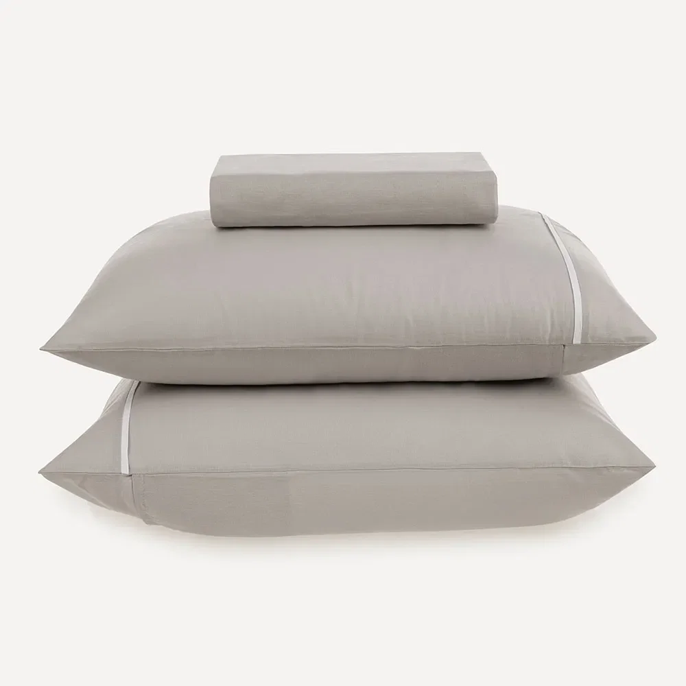 Lençol Casal com Elástico e Fronhas 100% Algodão Noah Prata / Branco