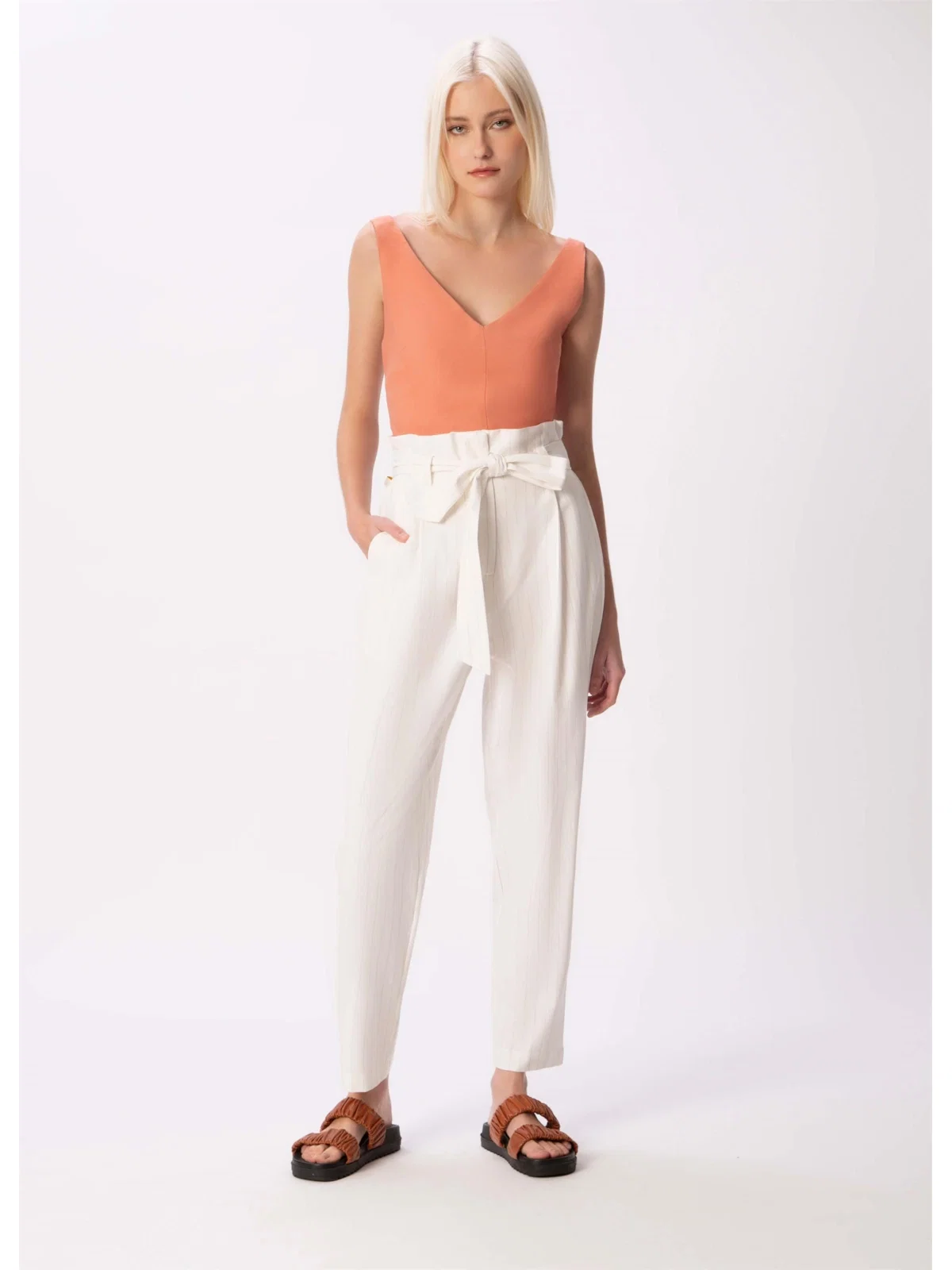 Calça Clochard Listrado Linho Off White — imagem 1