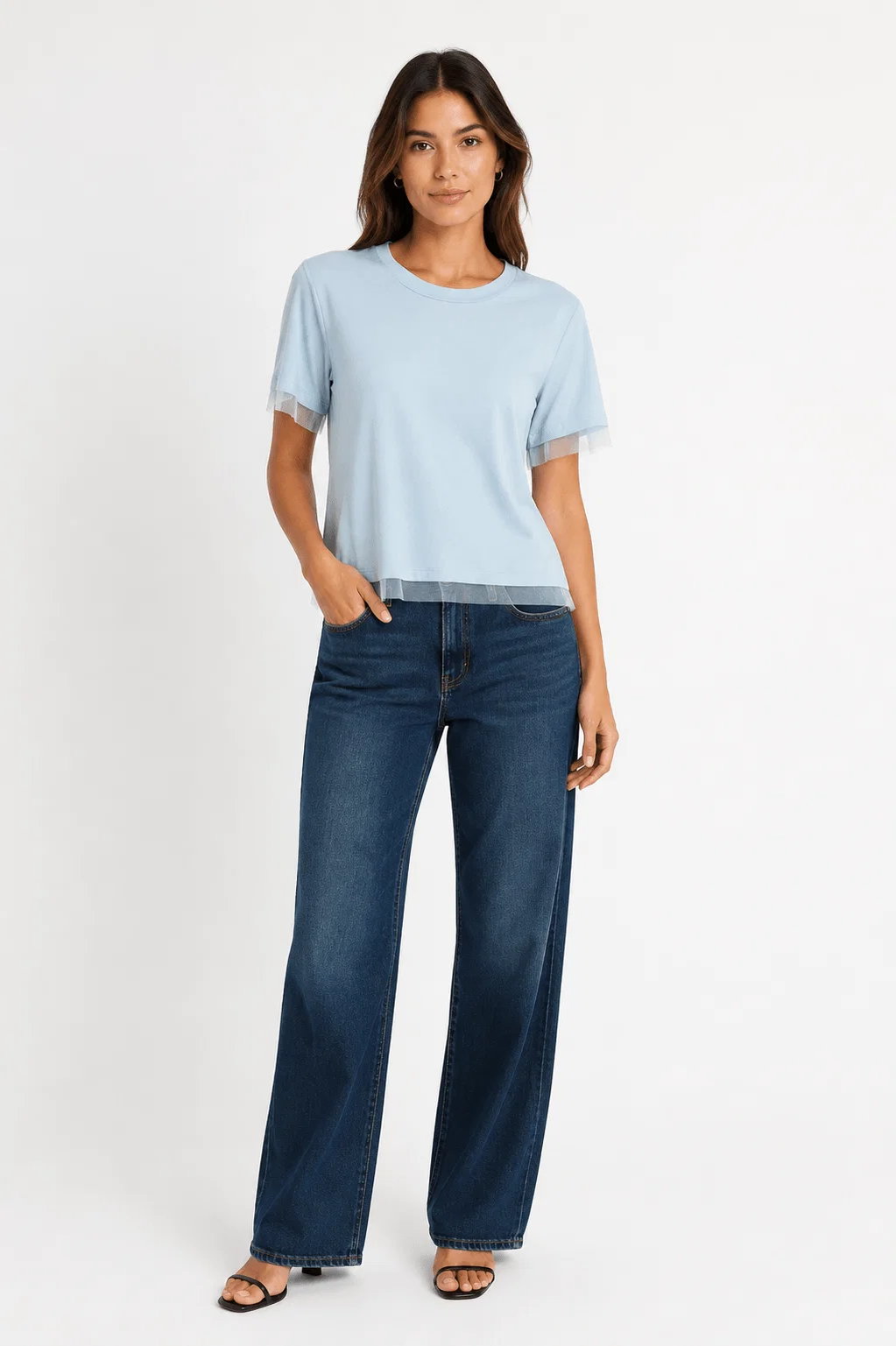 Blusa Manga Curta Detalhe Tule - Azul — imagem 1