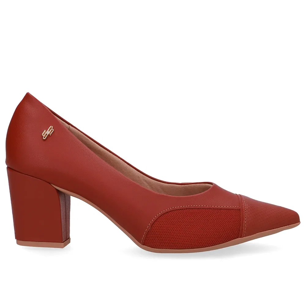 Scarpin Couro Marrom Lateral Tecido