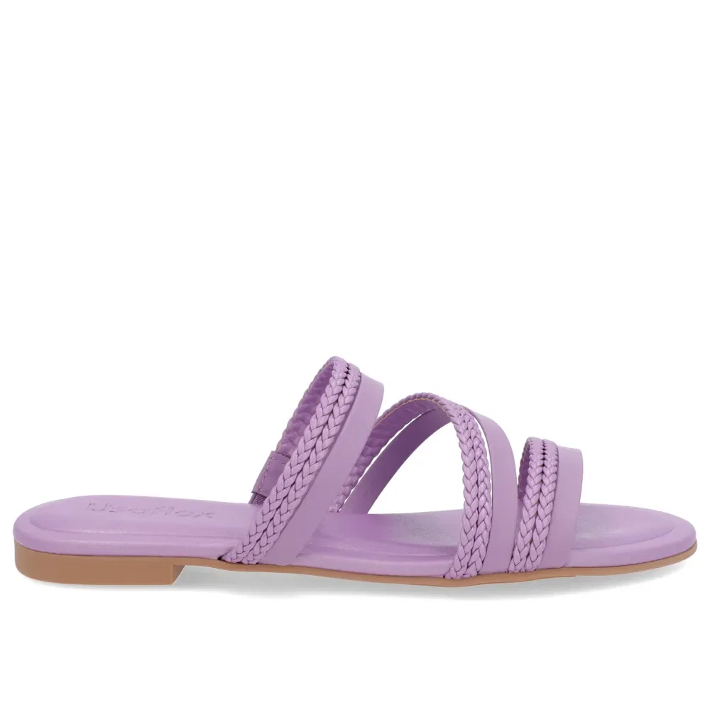 Rasteira Bico Redondo Couro Roxo Tiras Trançadas — imagem 1