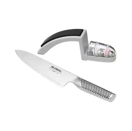 Conjunto Faca Chefe e Afiador 2 Estágios Aço Inox 20cm Global — imagem 1