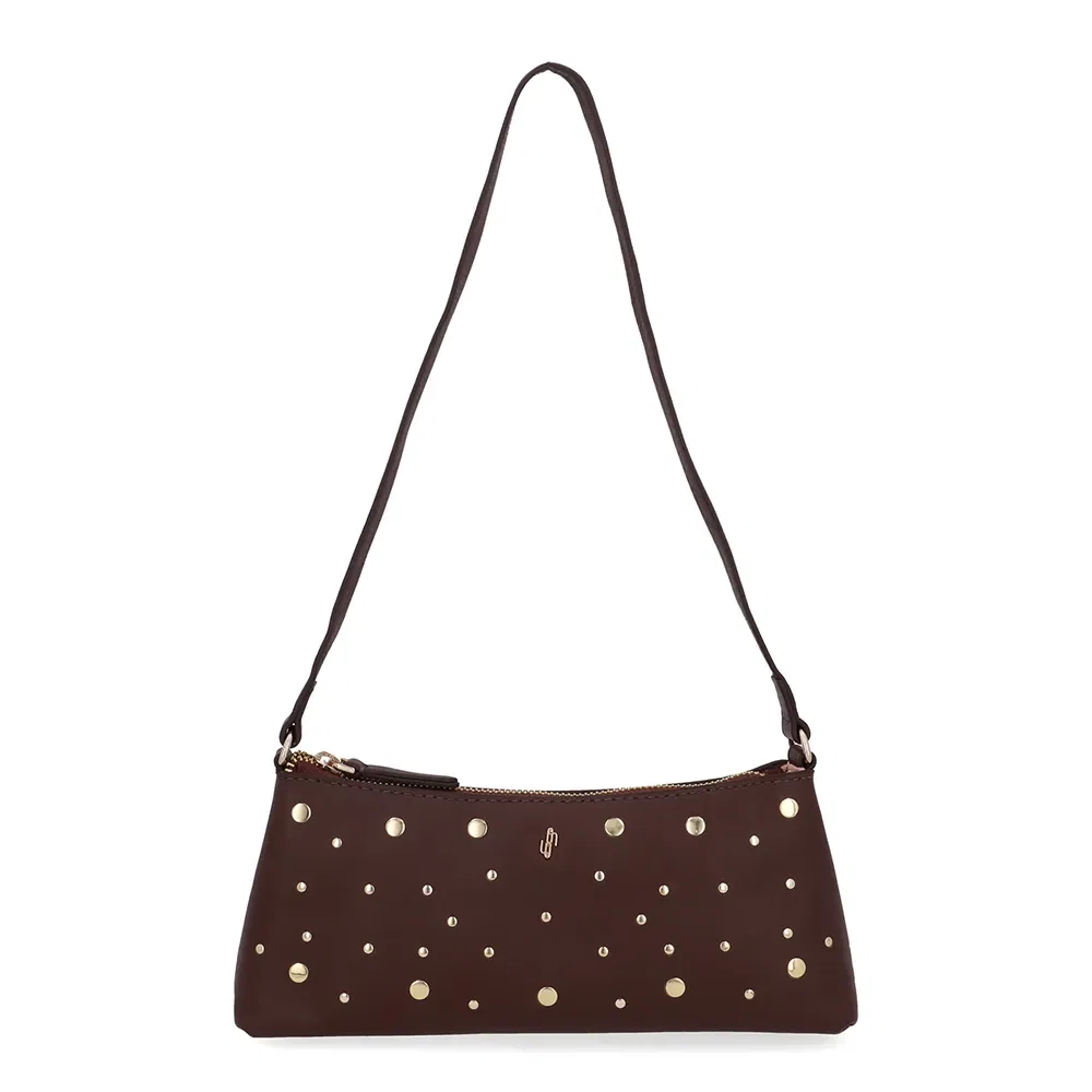 Bolsa Baguete Couro Tachas Marrom