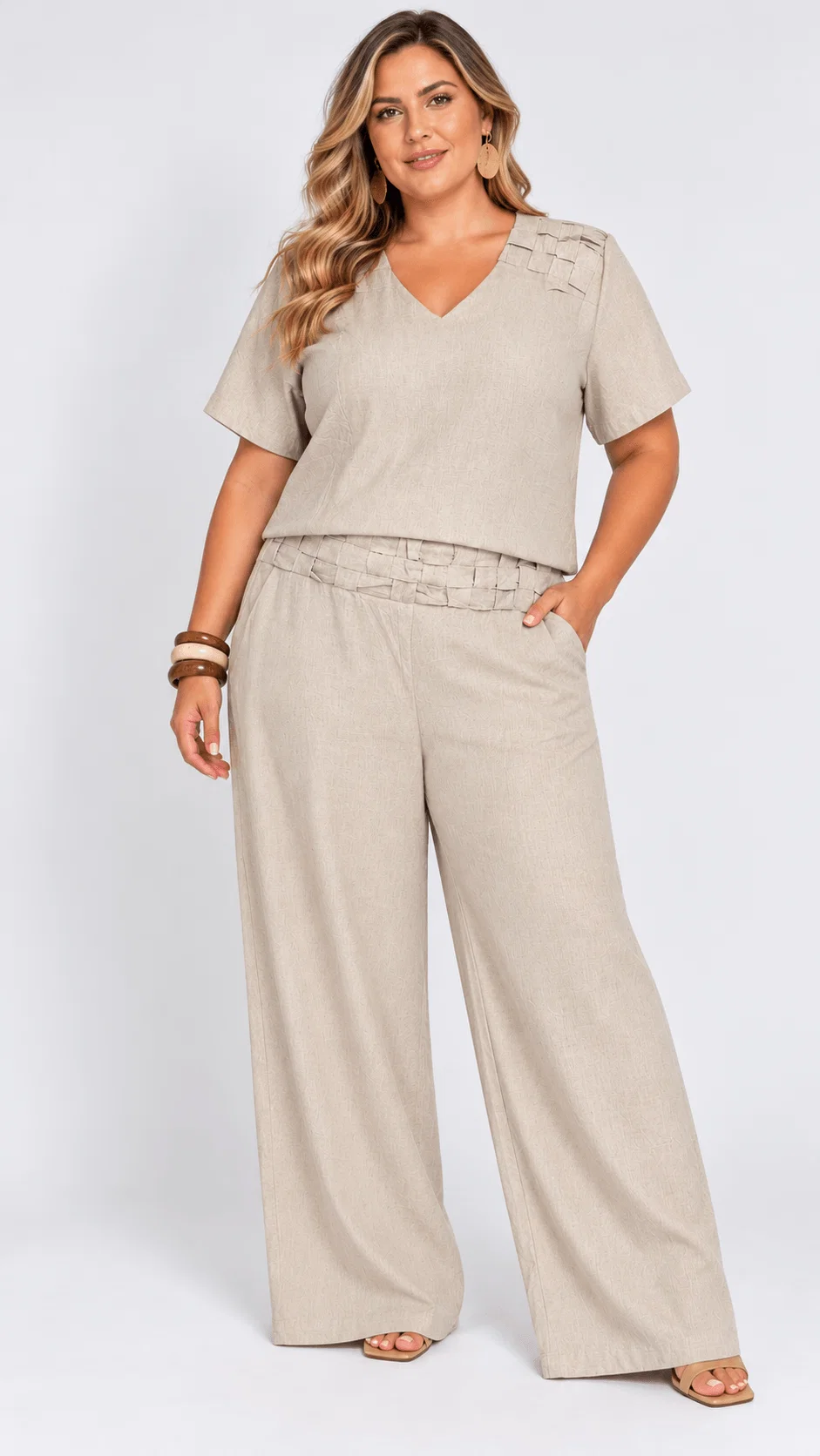 Blusa Ampla Detalhe Linho Tramado - Areia