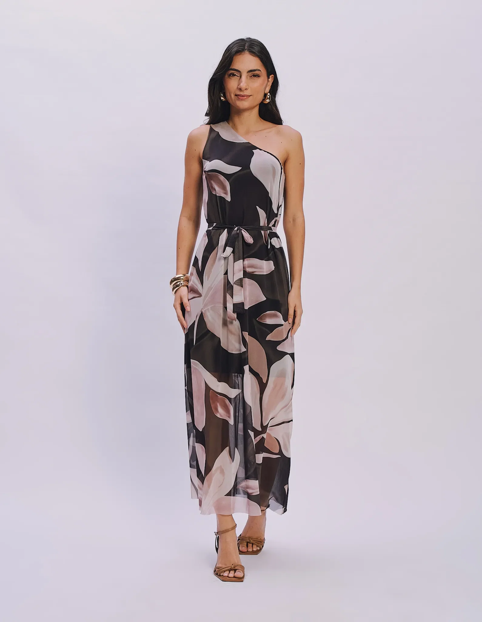 Vestido Longo Estampado Petalas Aquarela - Preto — imagem 1