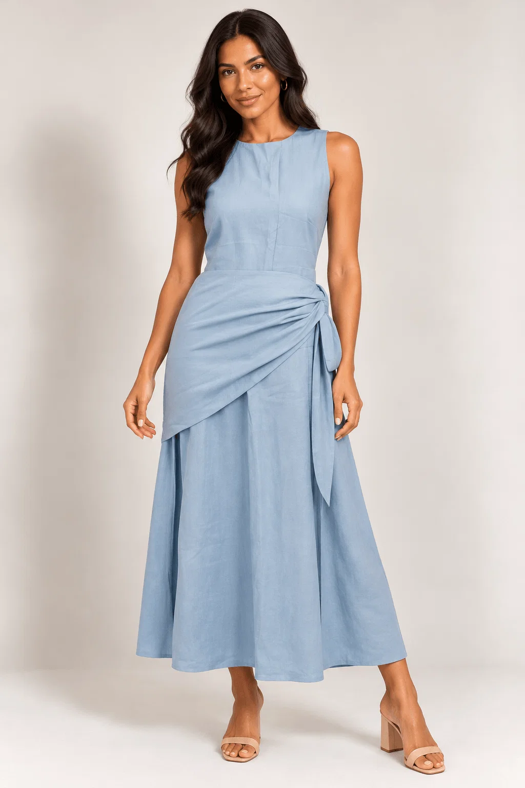 Vestido Midi Detalhe Lenço Amarração - Azul Claro
