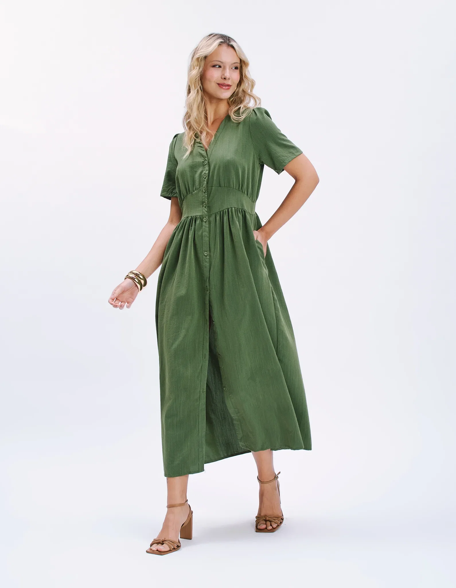 Vestido New Longo Cintura Franzida - Verde