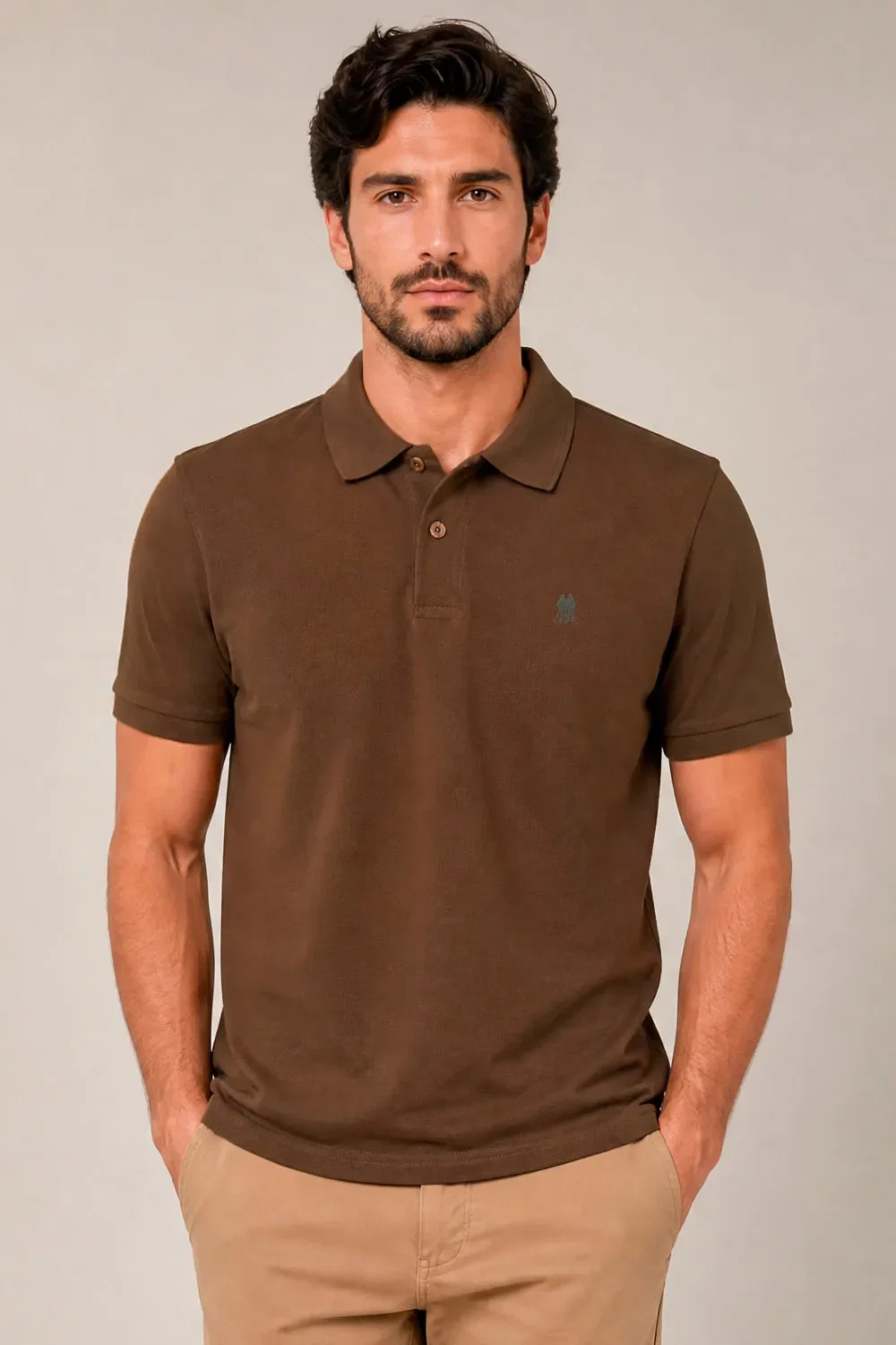 Polo Piquet Com Botão Lisa Polo Wear Marrom Escuro