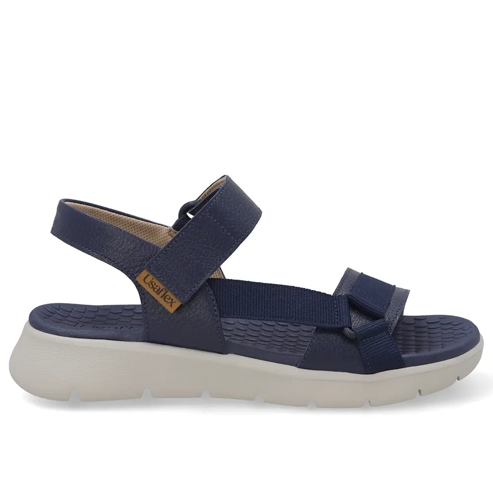 Sandália Em Couro Azul Com Ajuste Fecho-Flex