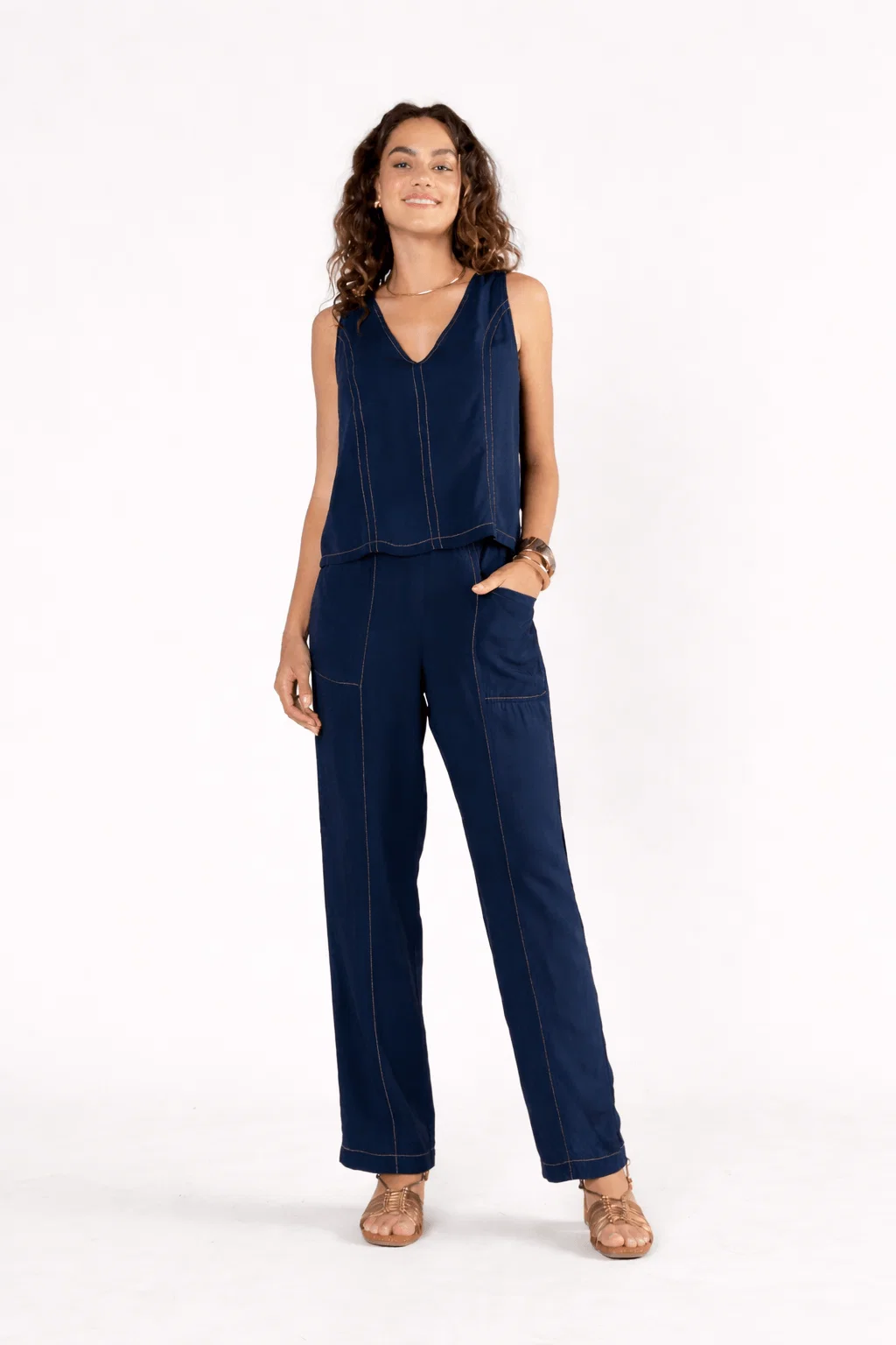 Calça Detalhe Pespontos - Azul Marinho