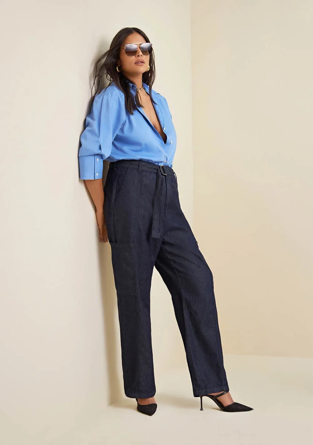 Calça Morena Rosa Reta Cós Alto Com Cinto Jeans — imagem 1