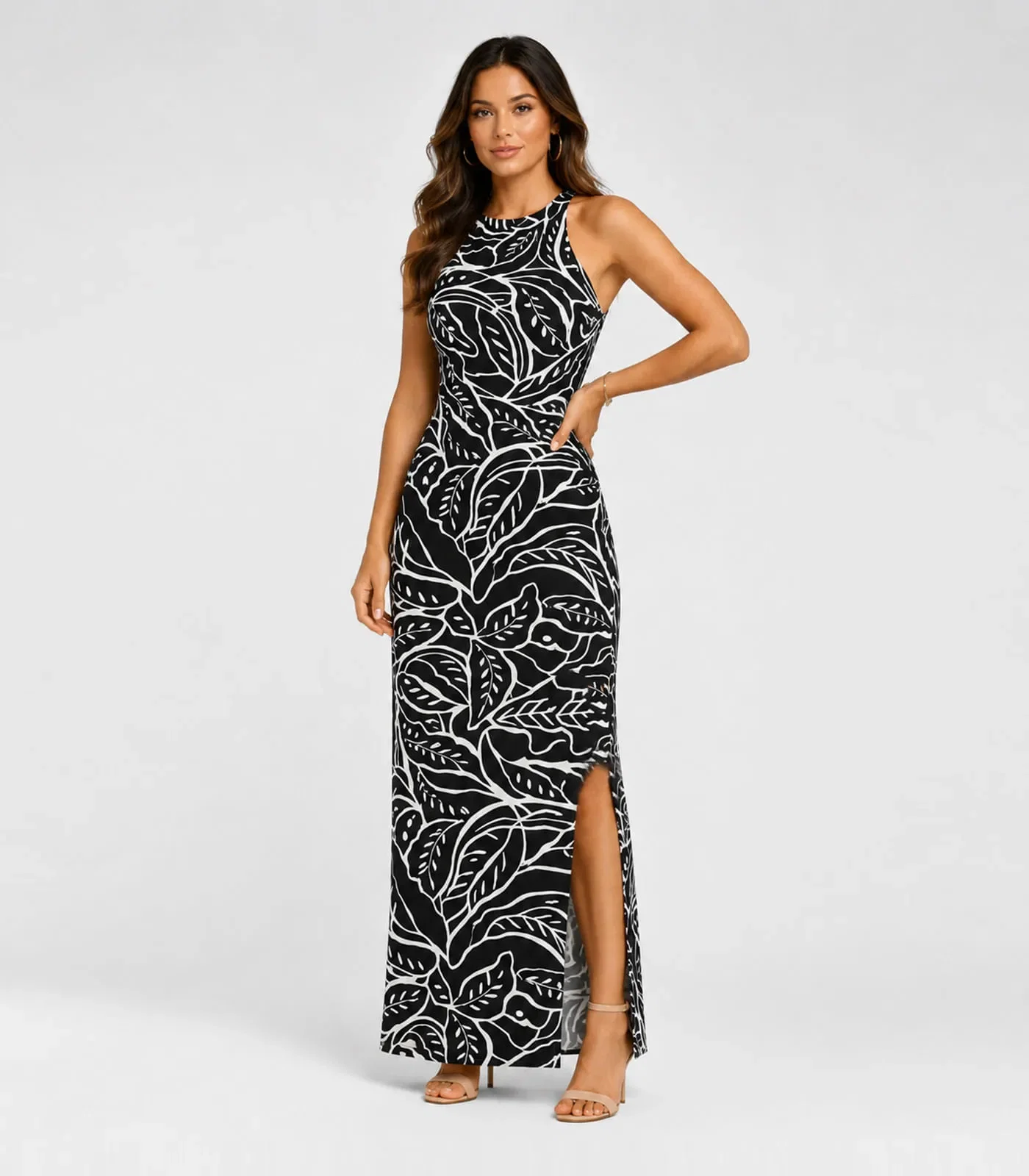 Vestido Longo Estampado Sem Manga Infinita Cor Preto