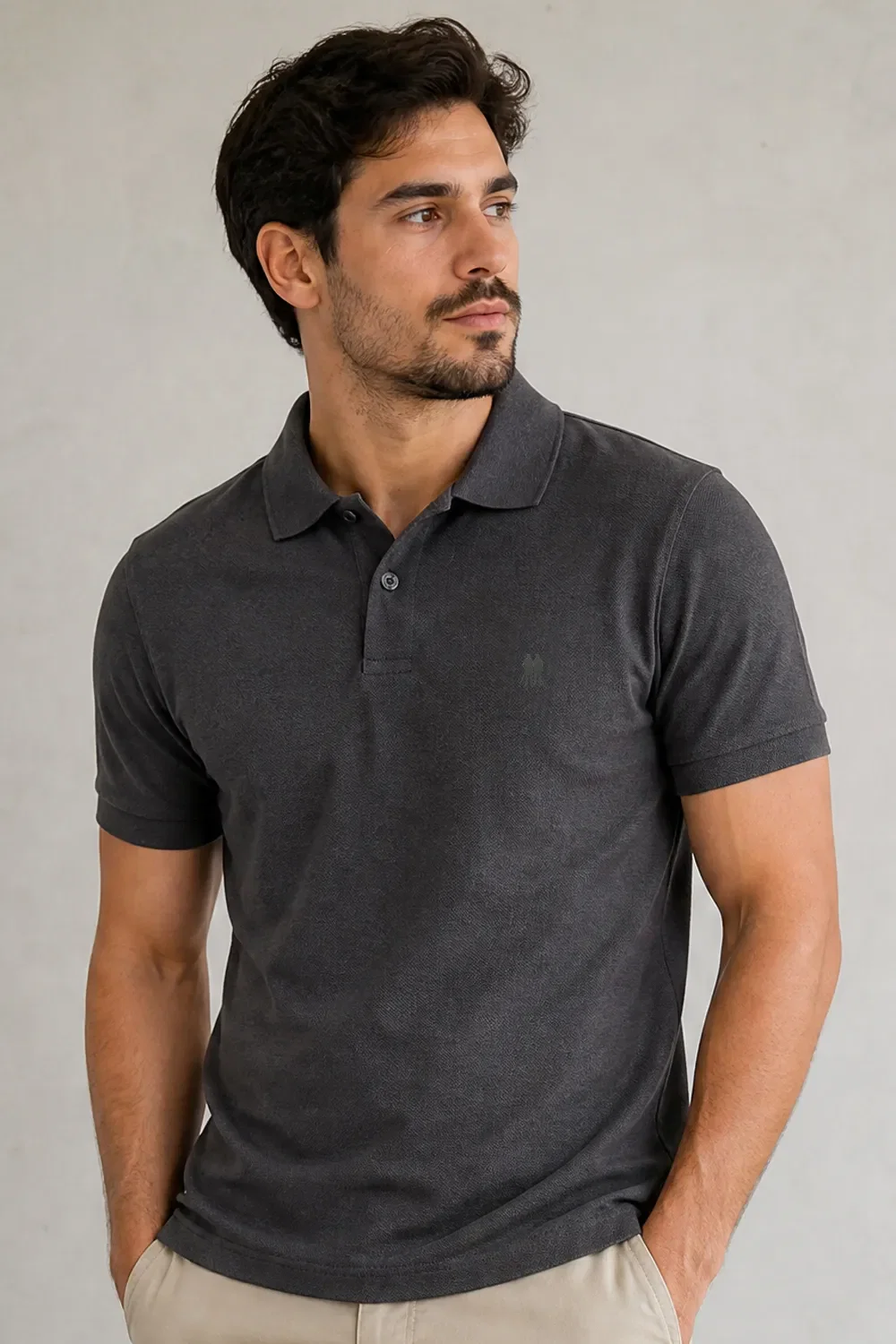 Polo Piquet Lisa Com Botão Polo Wear Cinza Escuro