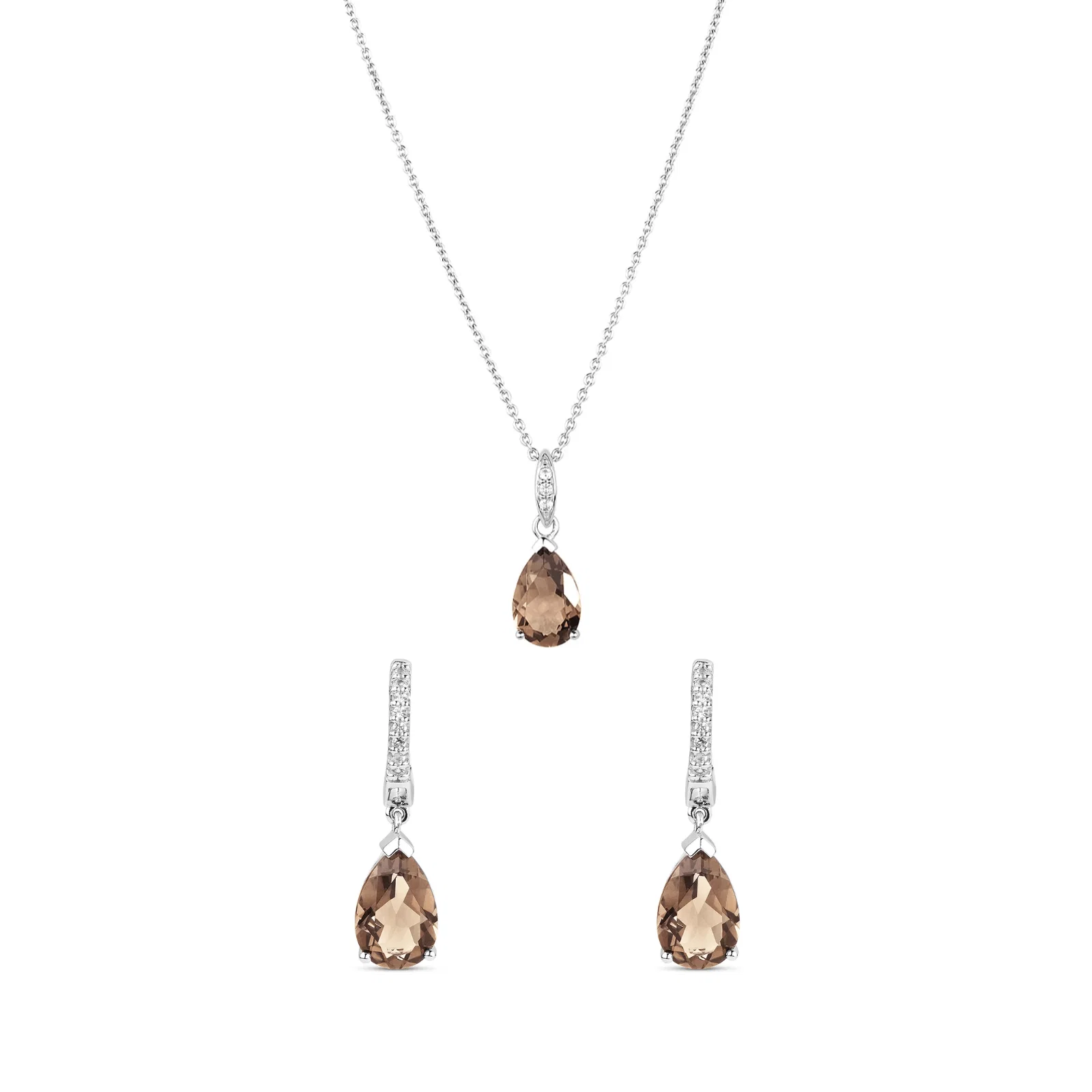 Conjunto Brinco e Colar Color em Prata 925 com Quartzo Fumê e Topázios Incolores