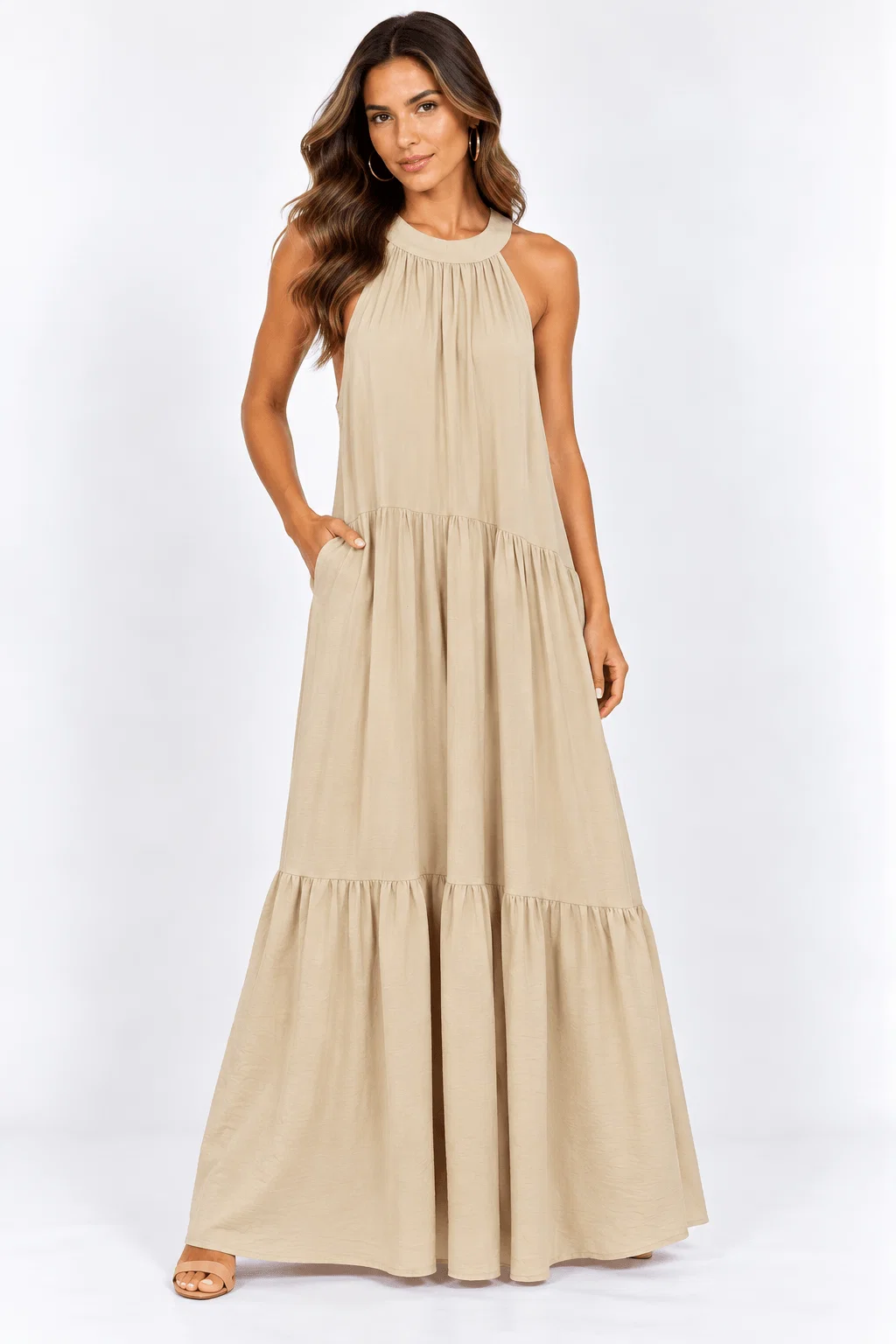 Vestido Midi Cava Americana Bolsos - Bege