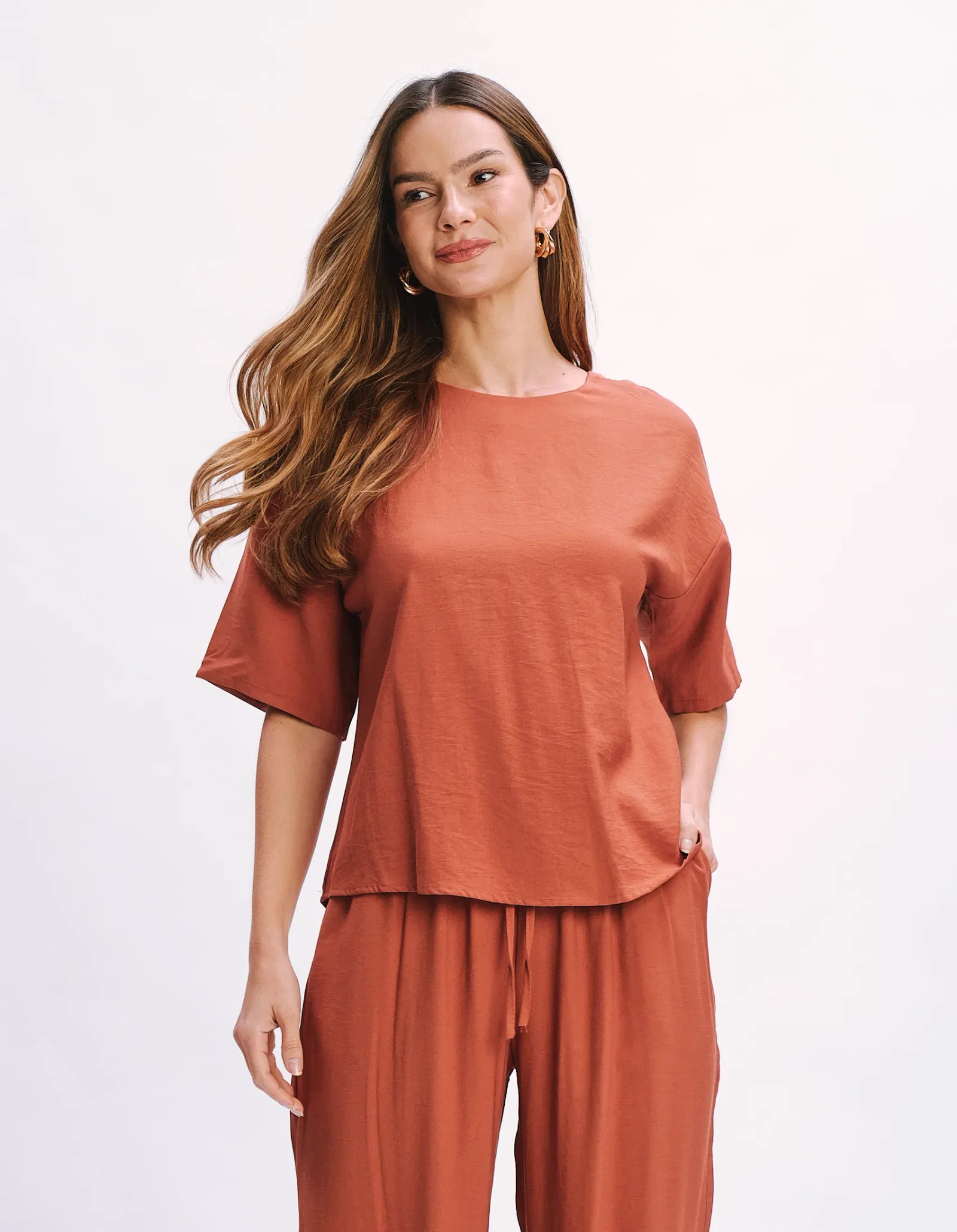 Blusa Manga Curta Decote Canoa - Terracota — imagem 1