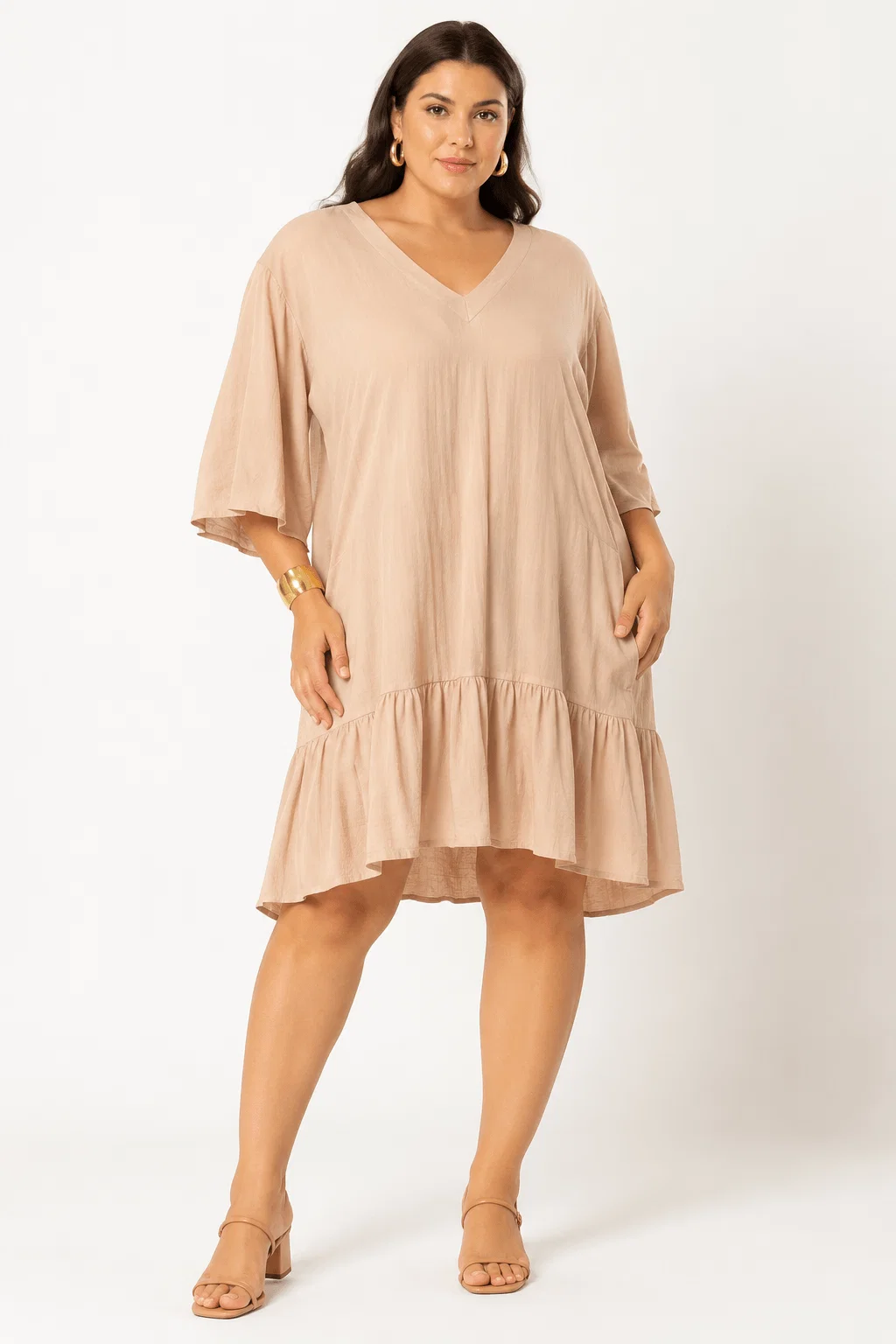 Vestido Curto Manga 3/4 Com Marias - Bege