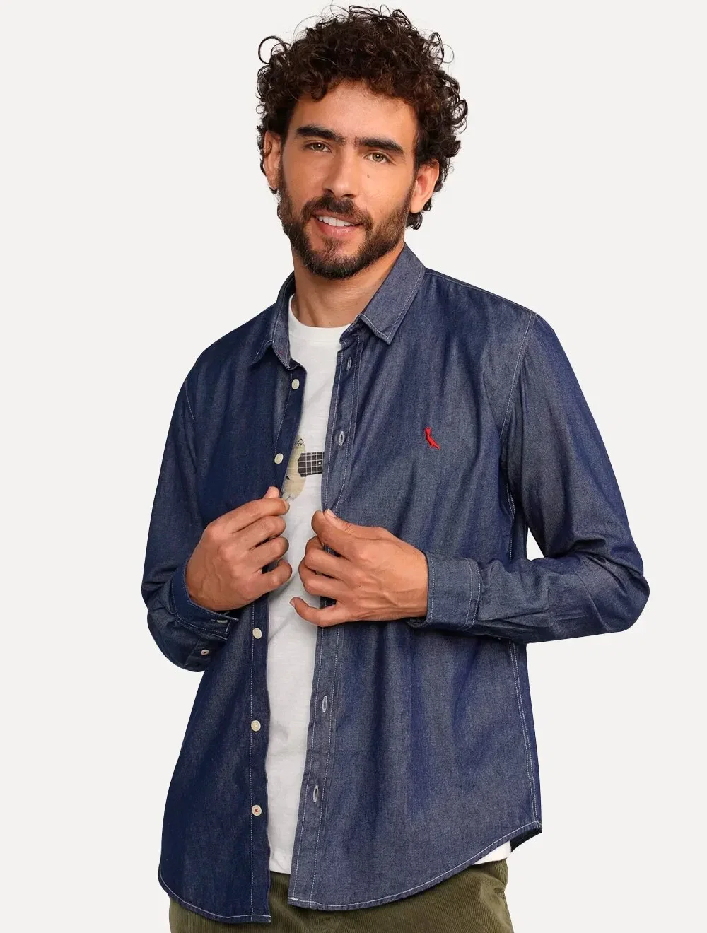Camisa Reserva Masculina Jeans Easy Oxford Denim Azul Índigo