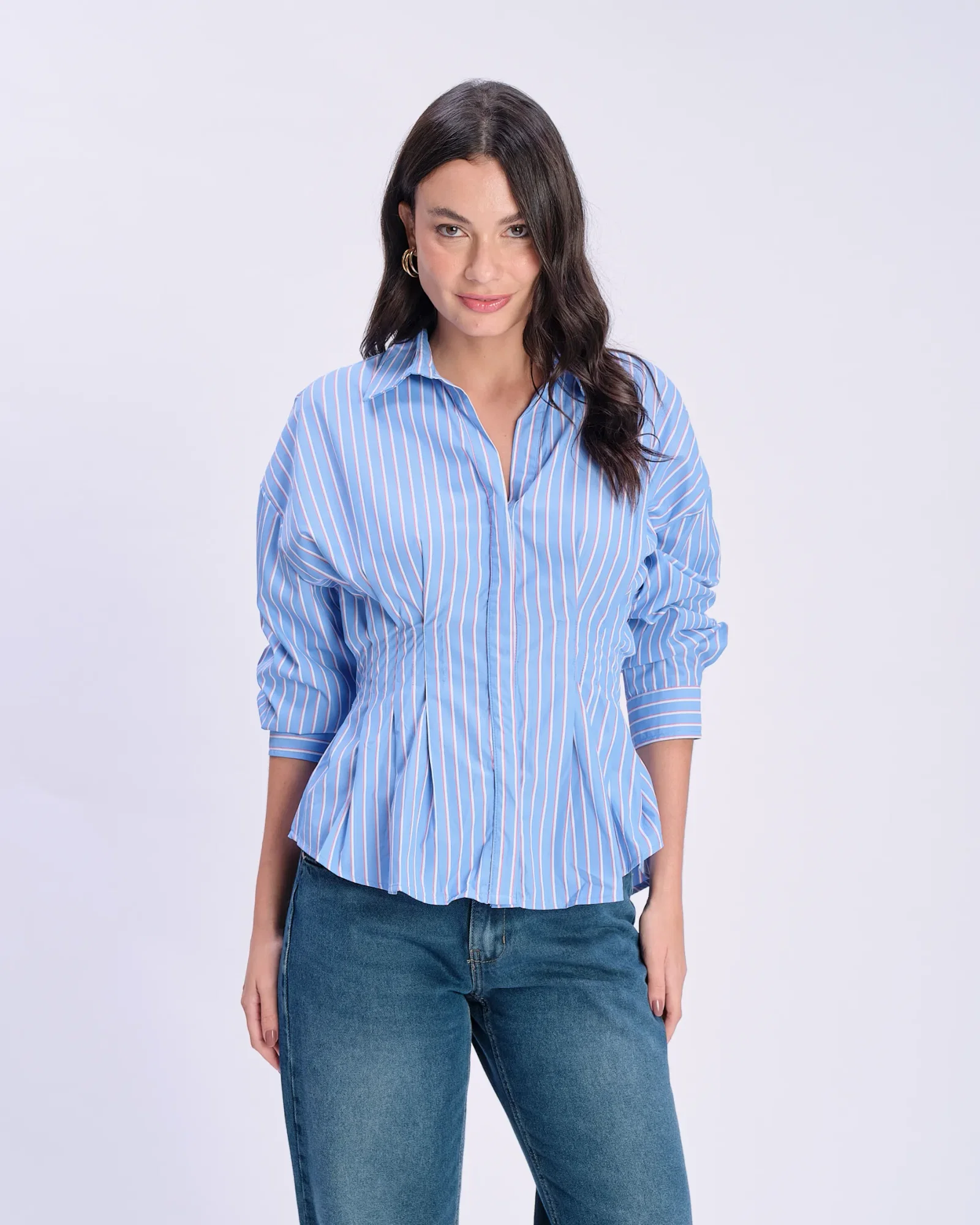 Camisa Manga Longa Listrada Pregas - Azul C/ Vermelho — imagem 1