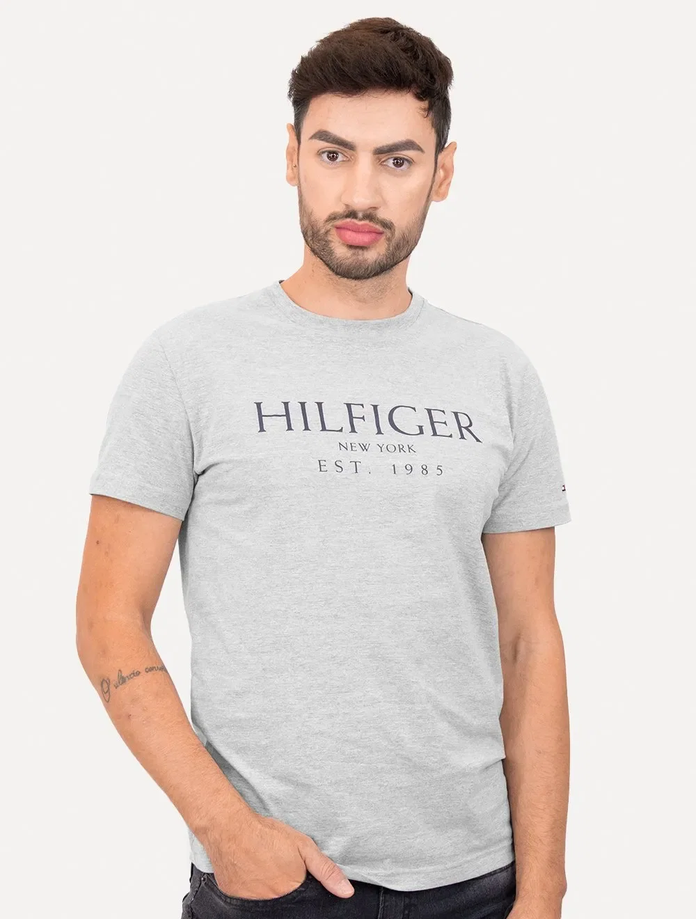 Camiseta Tommy Hilfiger Masculina Big Logo Est.1985 Cinza Mescla